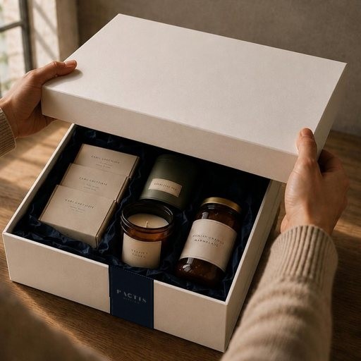 Hands lifting the lid of a white Pactis box, revealing chocolate, a candle and marmalade in navy tissue