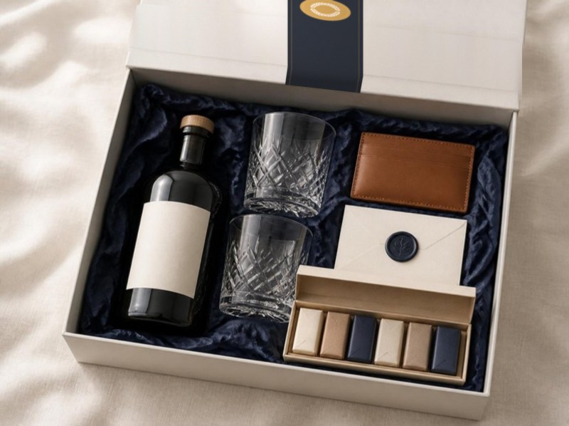 The Partner box open: a bottle of gin, a pair of cut-crystal tumblers, a tan leather card holder and a craft chocolate tasting box in navy tissue, in a white Pactis box with a navy band