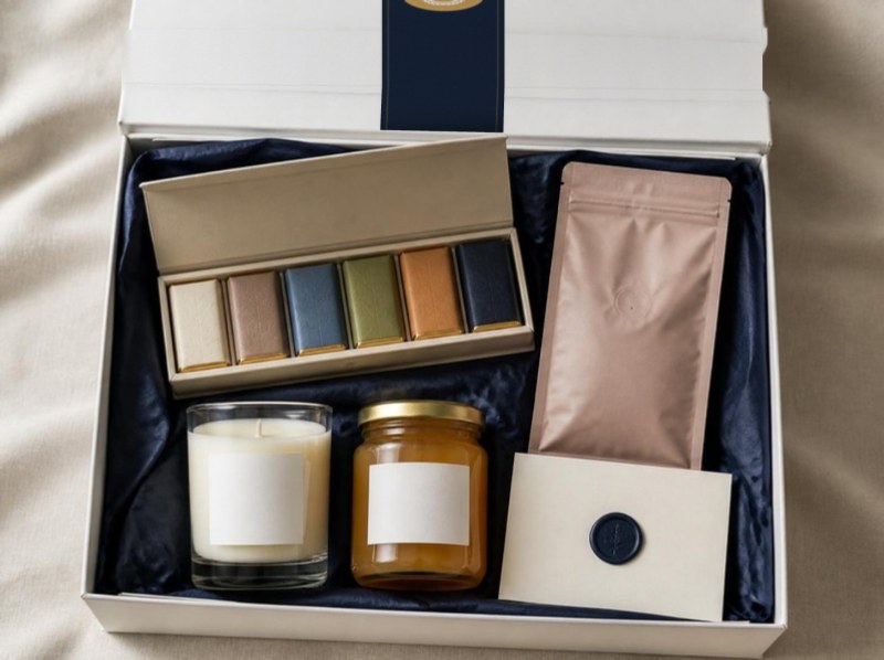 The Pactis Signature box open: a six-bar craft chocolate tasting box, single-origin coffee, a large glass candle and London honey with a sealed notecard, in a white box with the navy Pactis band