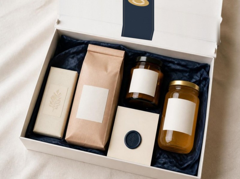 The Team box open: a single-estate chocolate bar, a bag of roast coffee, a coffee candle in an amber jar and a jar of British honey in navy tissue, in a white Pactis box with a navy band